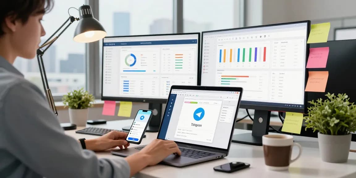 Seamless telegram中文版下载 workspace scene with multiple devices for efficient communication management.