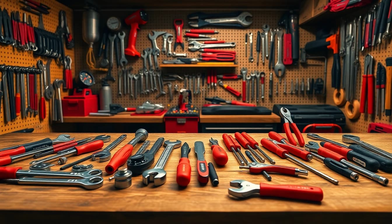 Explore Gedore tools arranged on a wooden workbench, showcasing quality craftsmanship.