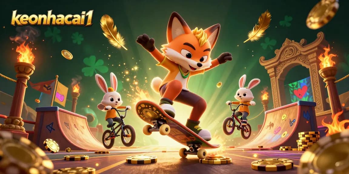 Betting with keonhacai1: Skateboarder fox and BMX rabbit amidst casino-themed excitement.