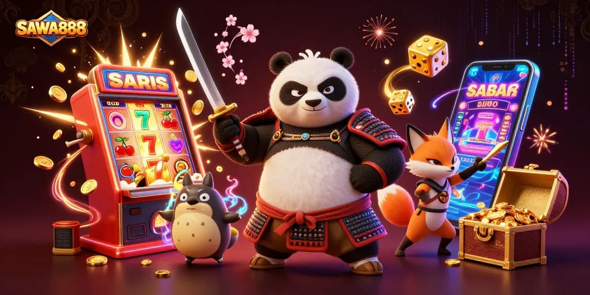 Experience thrilling gameplay at SAWA888 with a vibrant 3D panda samurai and dynamic slot elements.