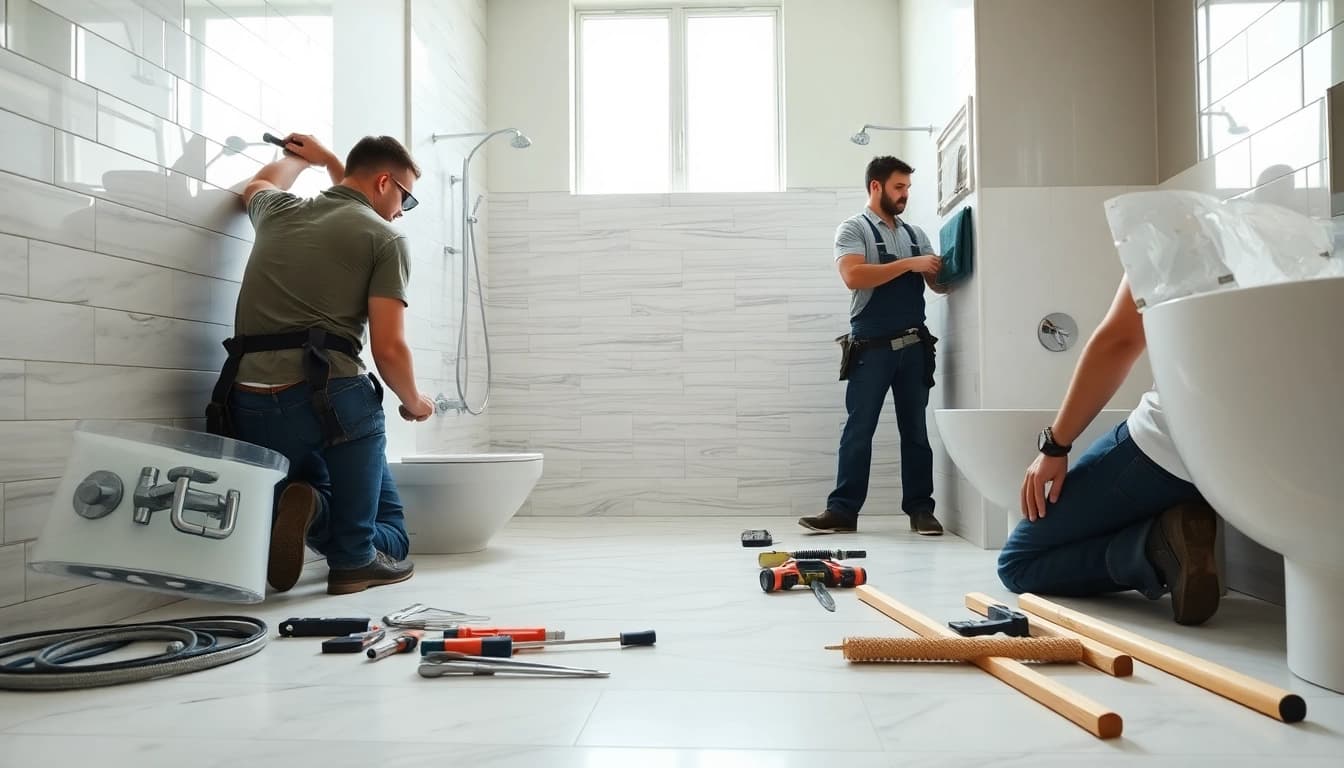 Bathroom remodeling contractors skillfully transforming a contemporary bathroom space.