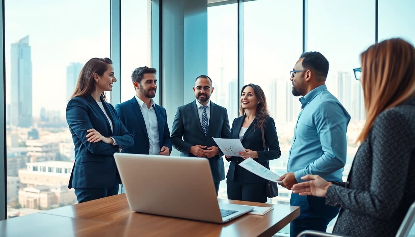Engaging discussion with Business Consultants in Dubai in a modern office environment.