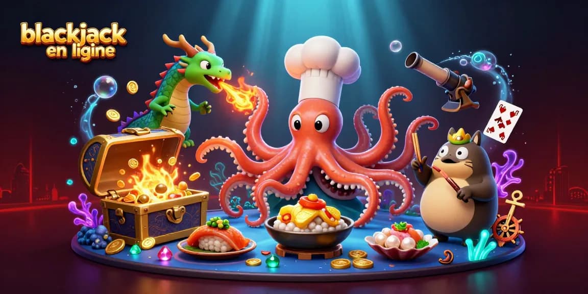 Jouer au blackjack en ligne dans une illustration captivante avec des personnages et des trésors sous-marins.