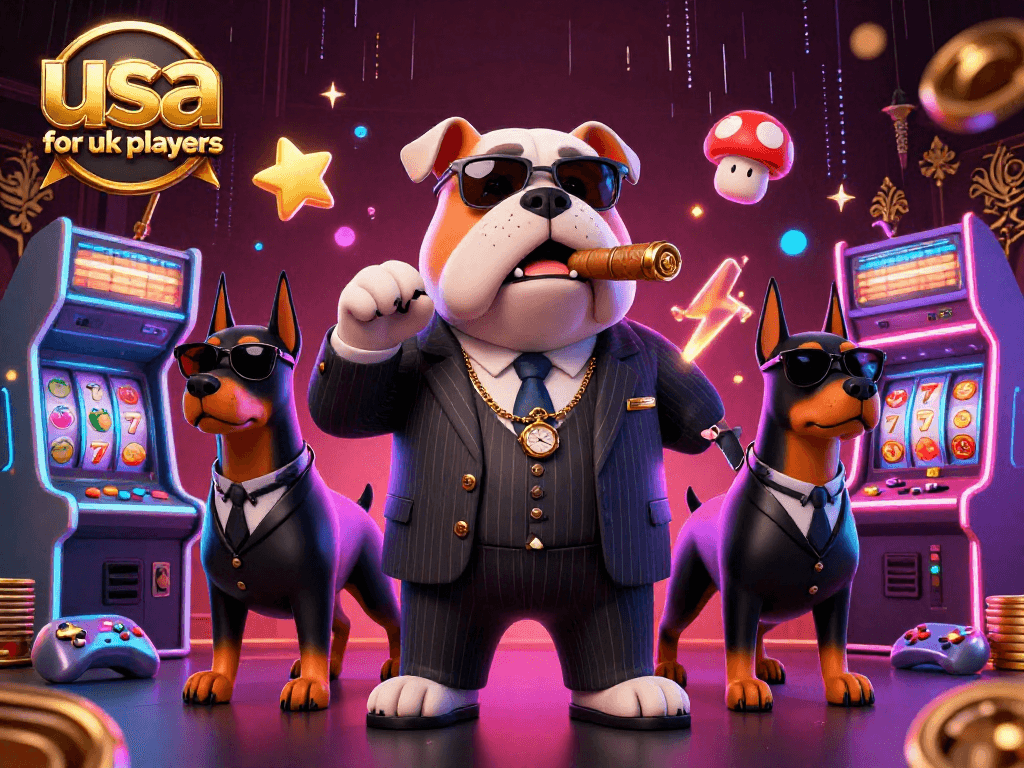 Experience the thrill of usa casinos for uk players with vibrant gaming elements and cartoon mafia characters.