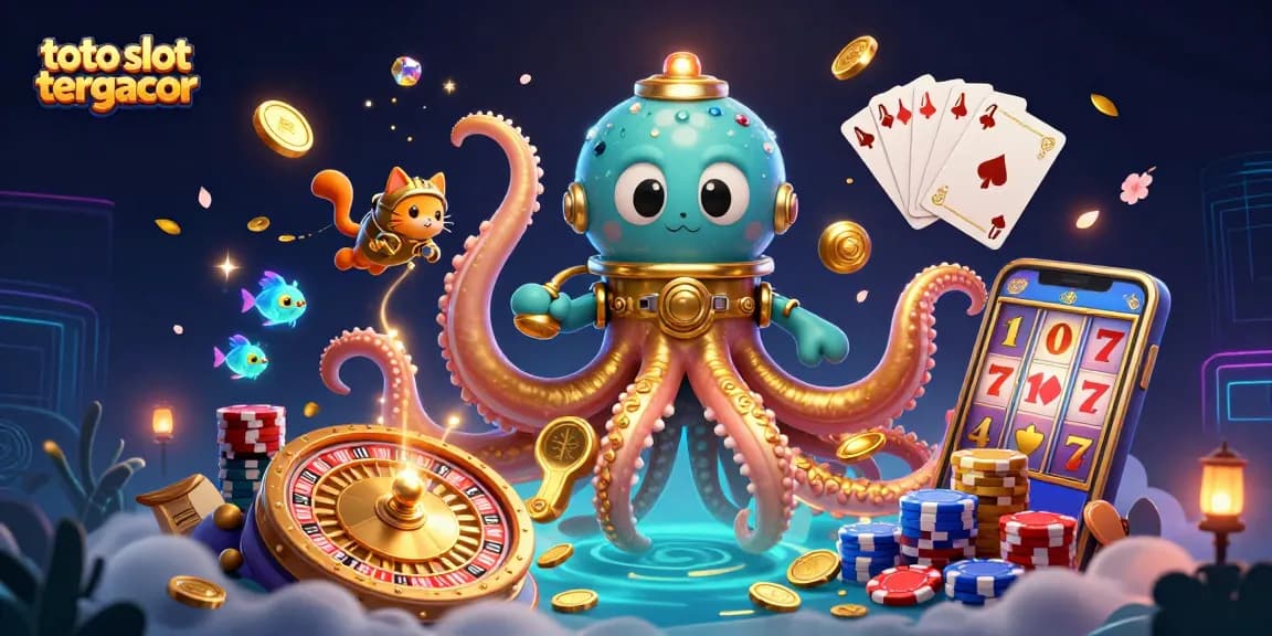 Catch thrilling wins in toto slot tergacor with a unique illustration featuring a kraken, diving cat, and shimmering gems!