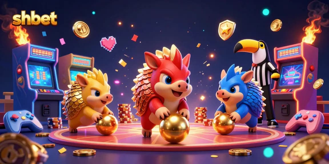 Engage in thrilling games at shbet, where cartoon pangolins bowl through vibrant poker chips in a digital illustration.