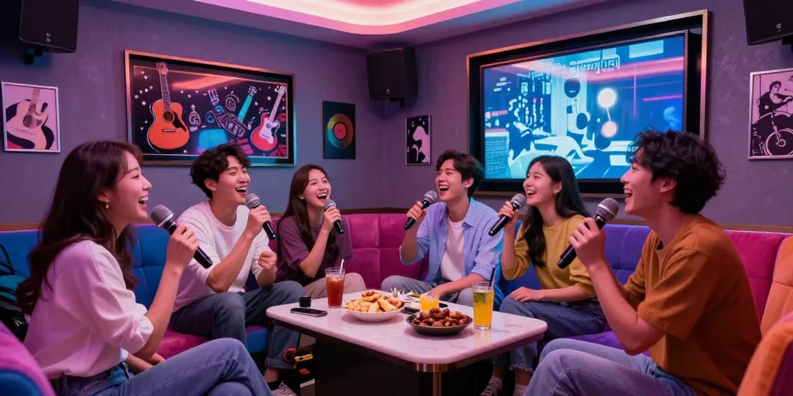 Group of friends enjoying a fun night at 강남 유앤미 가라오케 with vibrant atmosphere and karaoke.