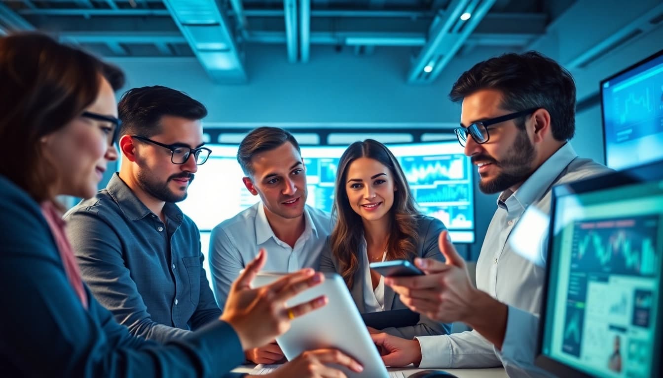 Team analyzing AI for competitor analysis tools in a modern office setting.