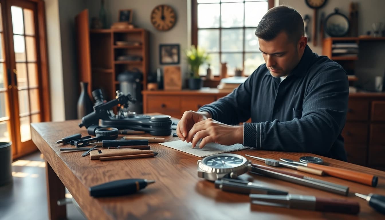 Admiring a detailed rolex replica during the watchmaking process.