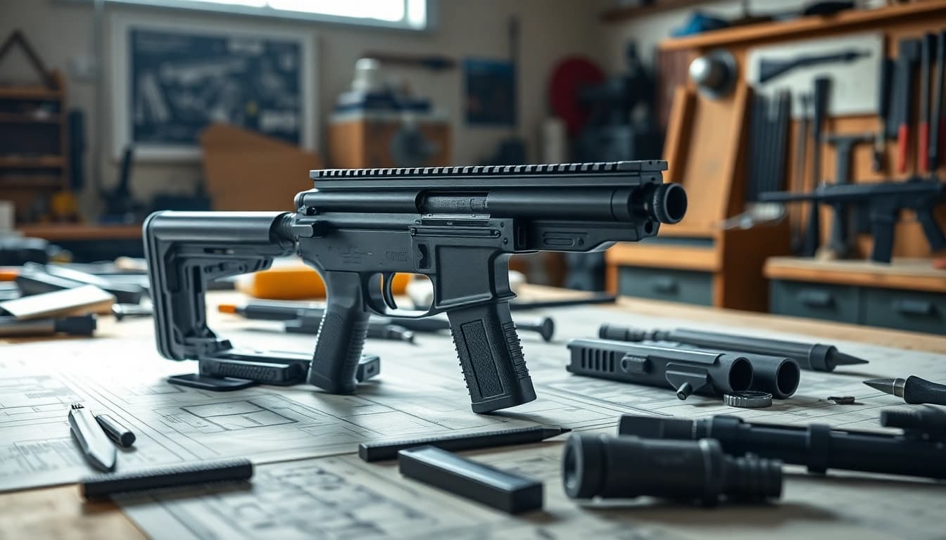 Assemble the pf940v2 frame on a well-lit workbench with precision tools and blueprints.