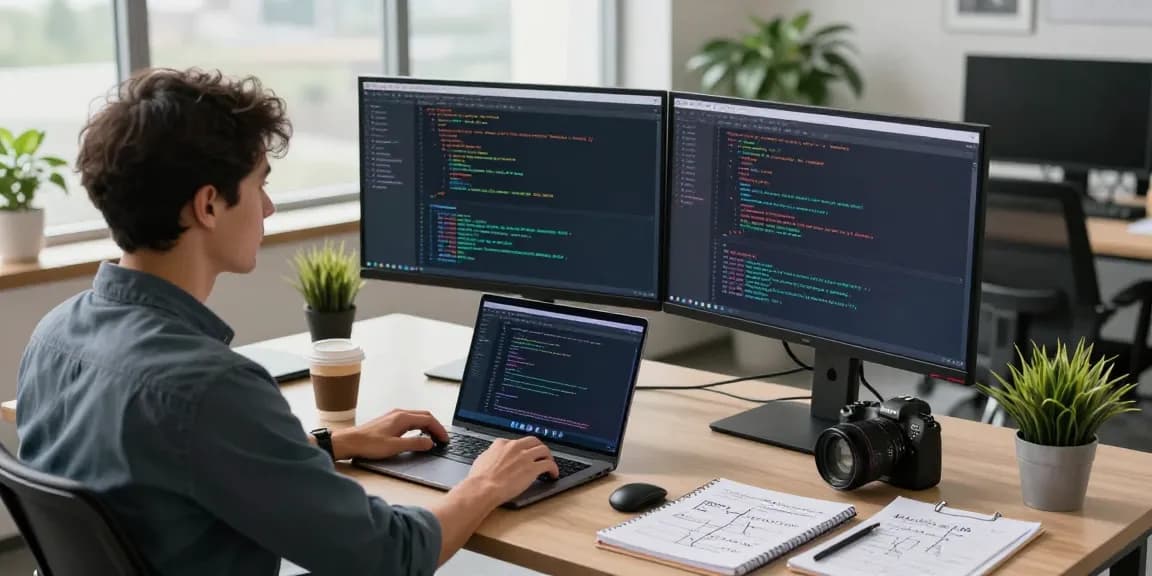 KoboldAI developer in a modern workspace coding with dual monitors and coffee, showcasing advanced AI technology.