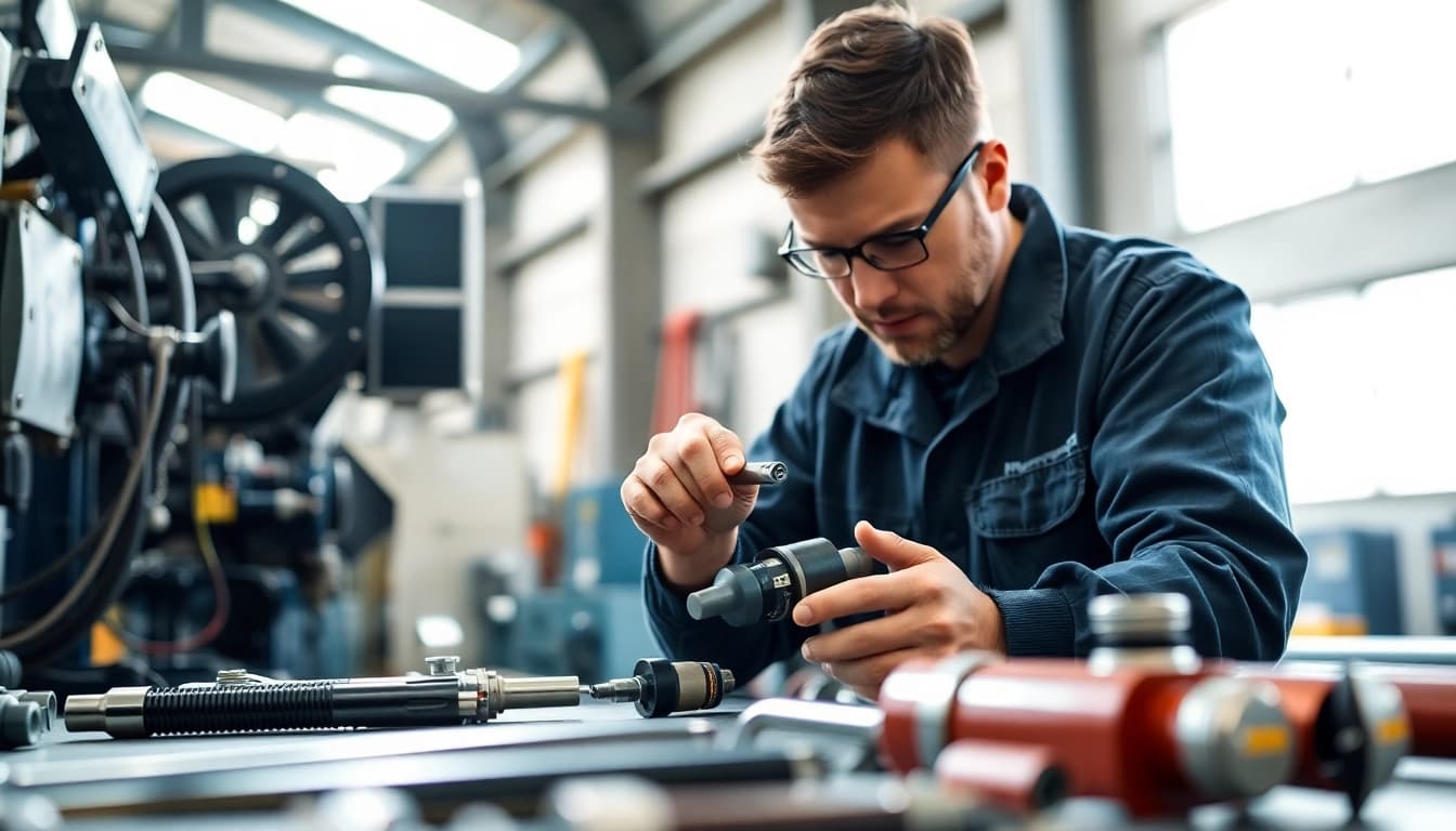 Technician providing mobile hydraulic services in a well-lit industrial environment, showcasing expertise and reliability.