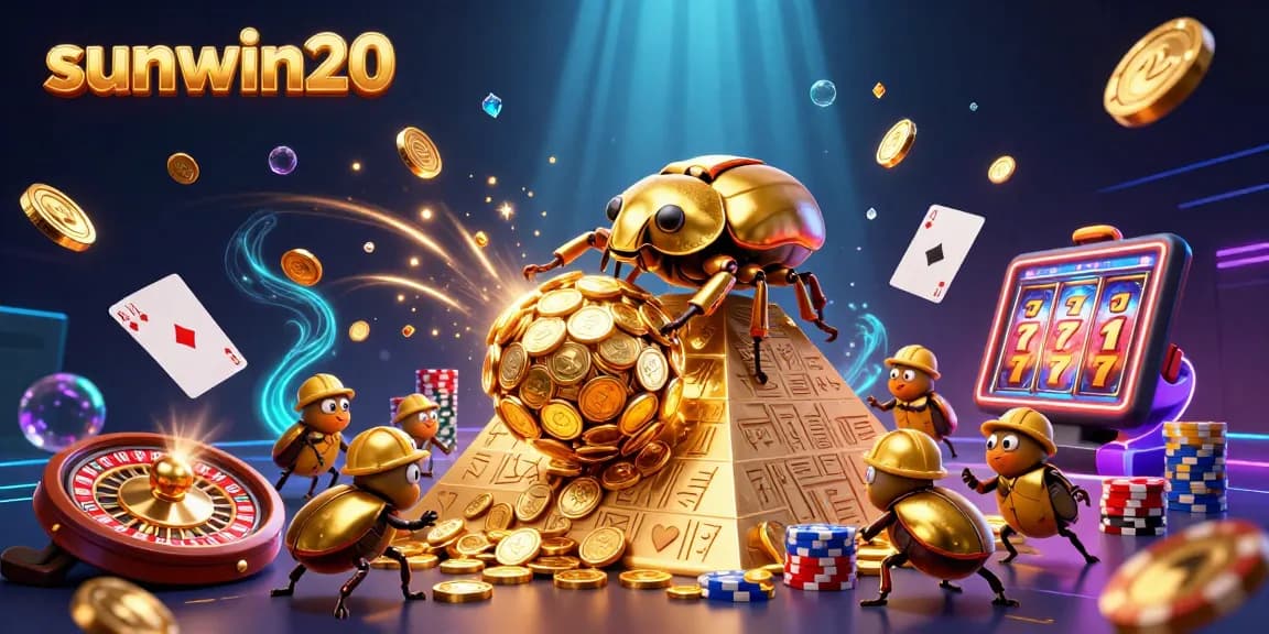 Experience sunwin20’s thrill with a golden beetle rolling coins amidst vibrant casino elements