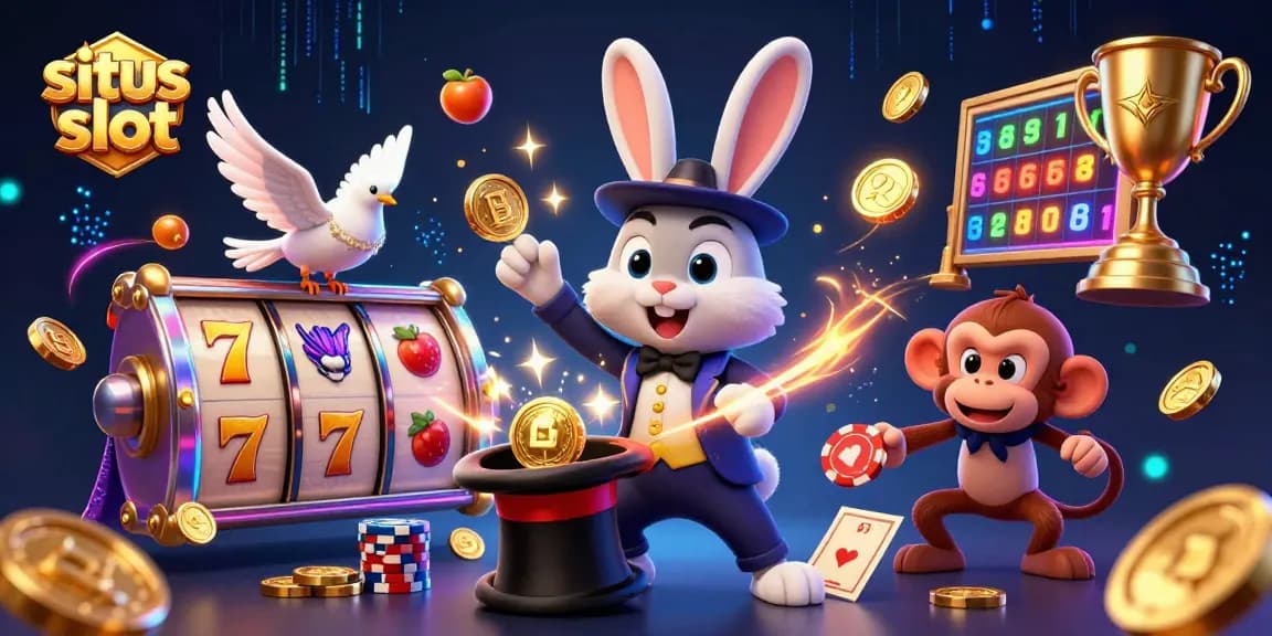 Engage with situs slot as a magician rabbit theatrically pulls coins from a hat in an animated casino scene.