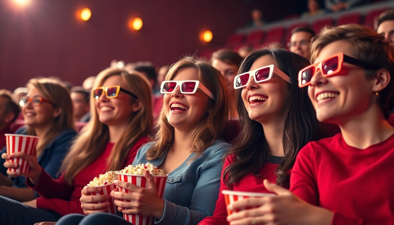 ดูหนังฟรี กับกลุ่มคนสนุกสนานในโรงภาพยนตร์ที่อบอุ่น
