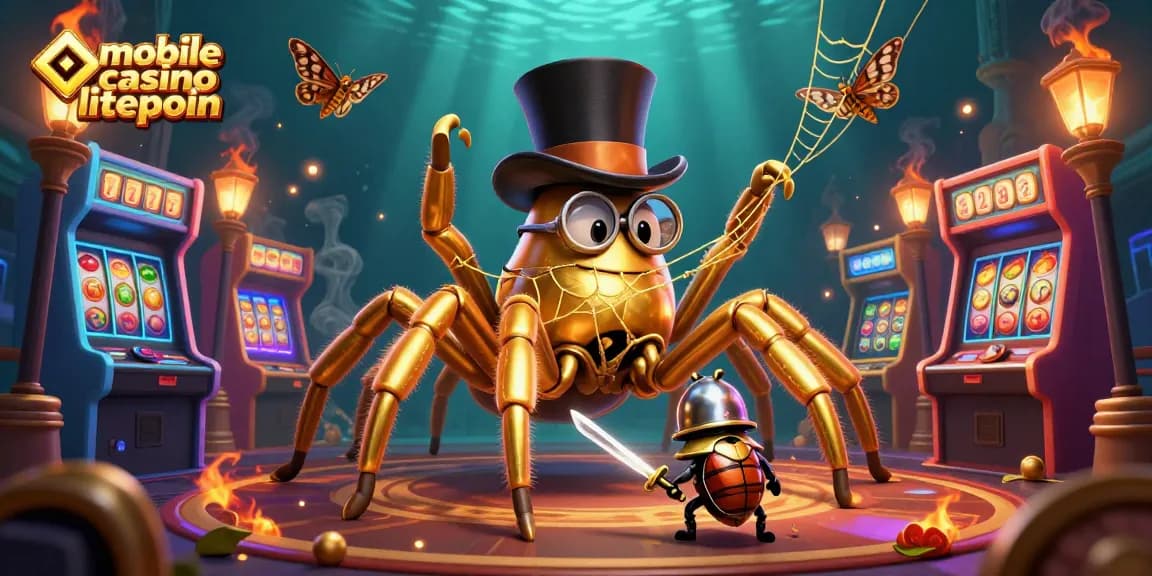 Experience thrilling action with mobile casino litecoin, as a golden tarantula weaves its web amidst vibrant game machines.