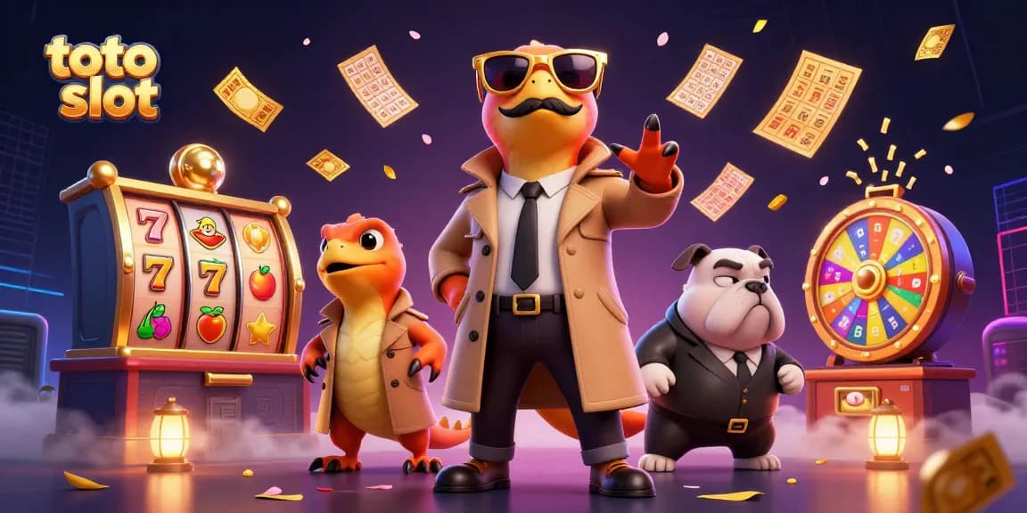 Permainan toto slot dengan grafis menarik dan karakter kartun di dalam kasino.