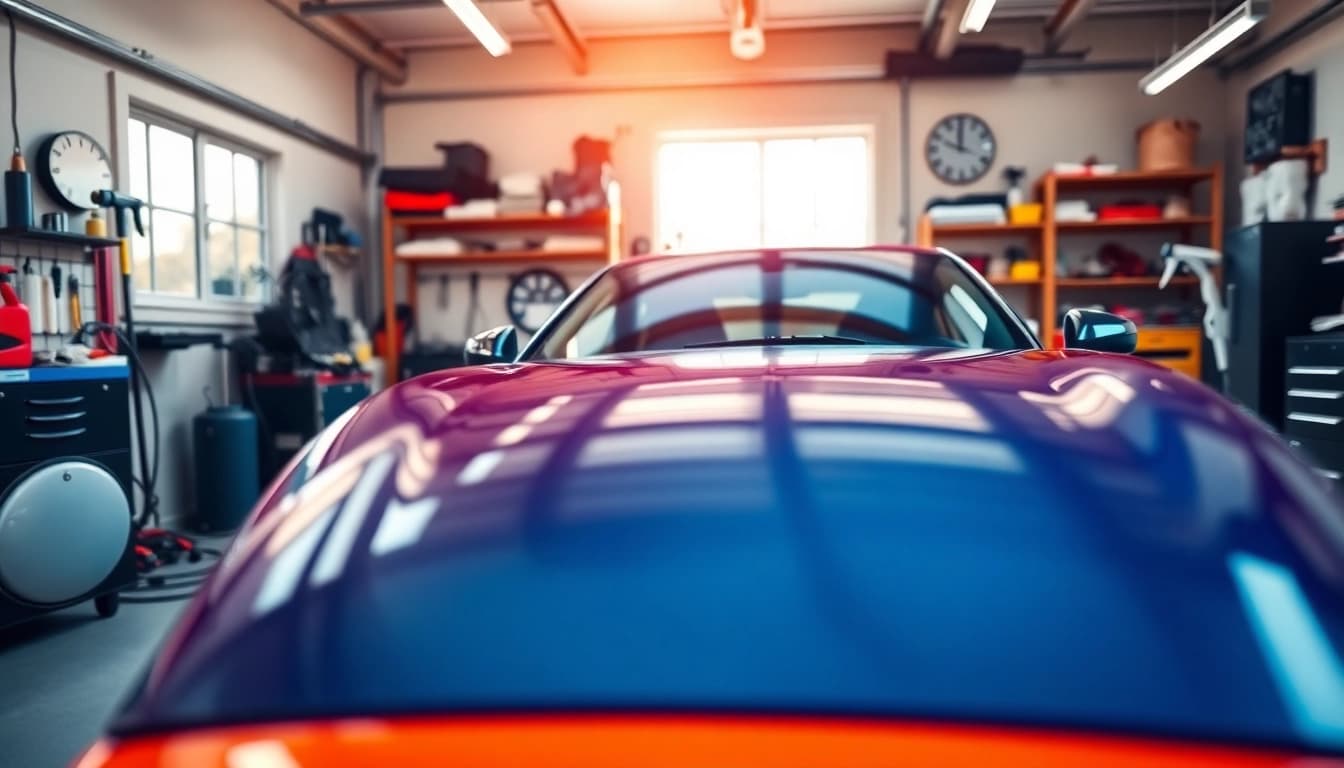 Engaging process of auto detailing Cleveland TN showcasing a polished car in a bright garage.