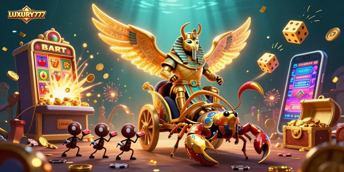 Menangkan jackpot LUXURY777 dengan kolosal scarab dan elemen kasino yang megah.