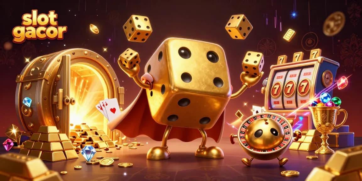 Experience thrilling action with slot gacor as a golden dice golem juggles and sparkles in a lavish casino