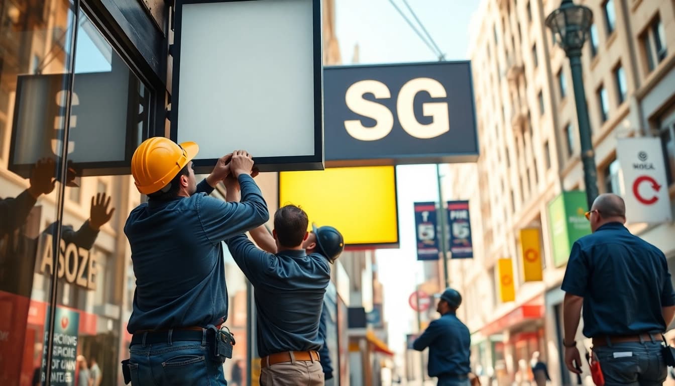 Technicians performing sign installation in an urban area, highlighting expertise and teamwork.