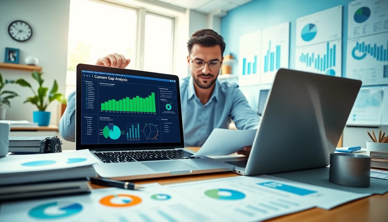 Visual of a marketing professional performing a Content Gap Analysis with data charts in an office.
