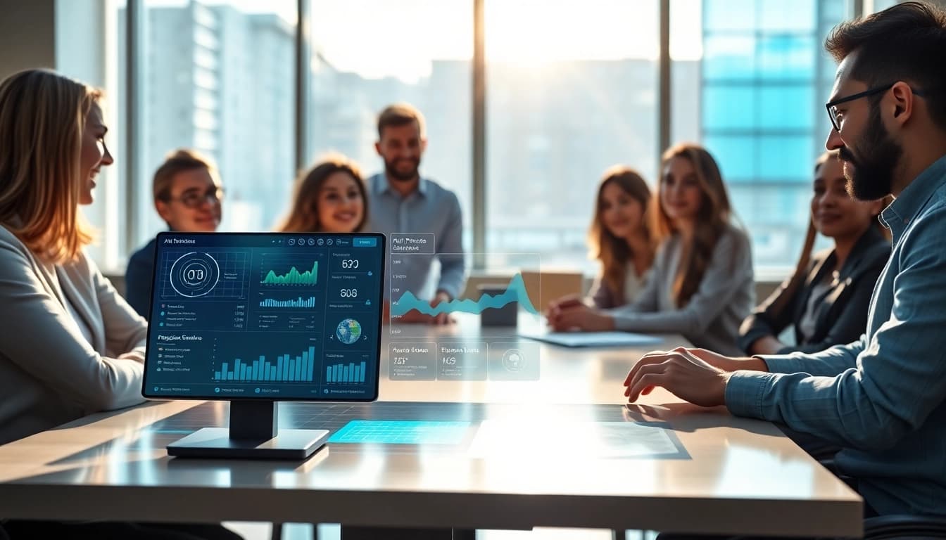 Engage with an AI assistant for enterprise teams in a collaborative office, enhancing productivity.