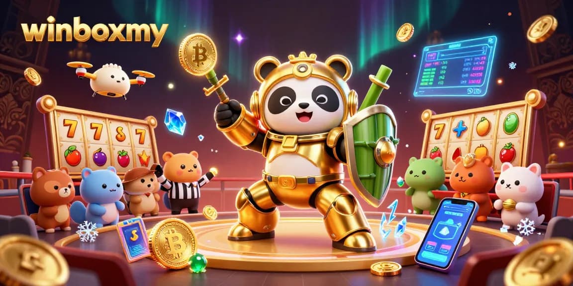 Experience thrilling gameplay with winboxmy's captivating casino scene, featuring vibrant slot symbols and crypto elements.