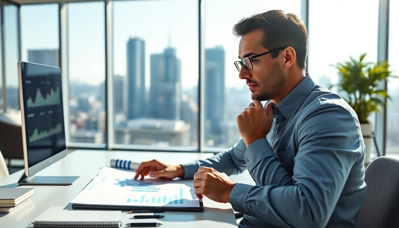 Business analyst conducting a Bid-No-Bid Analysis in a modern office.