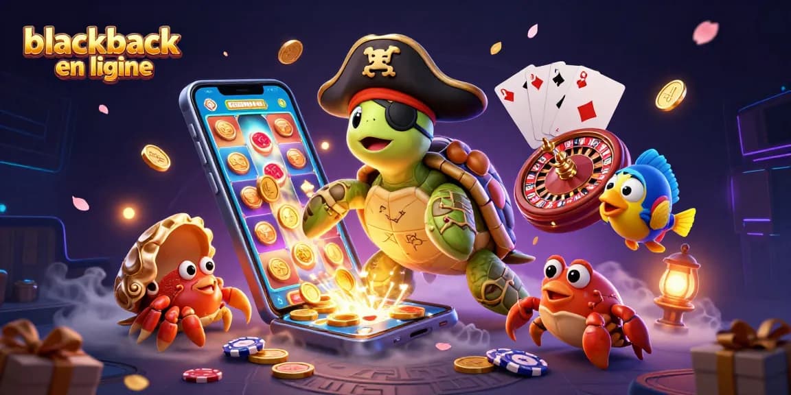 Jouez au blackjack en ligne dans une scène colorée avec une tortue pirate et des éléments de jeu.