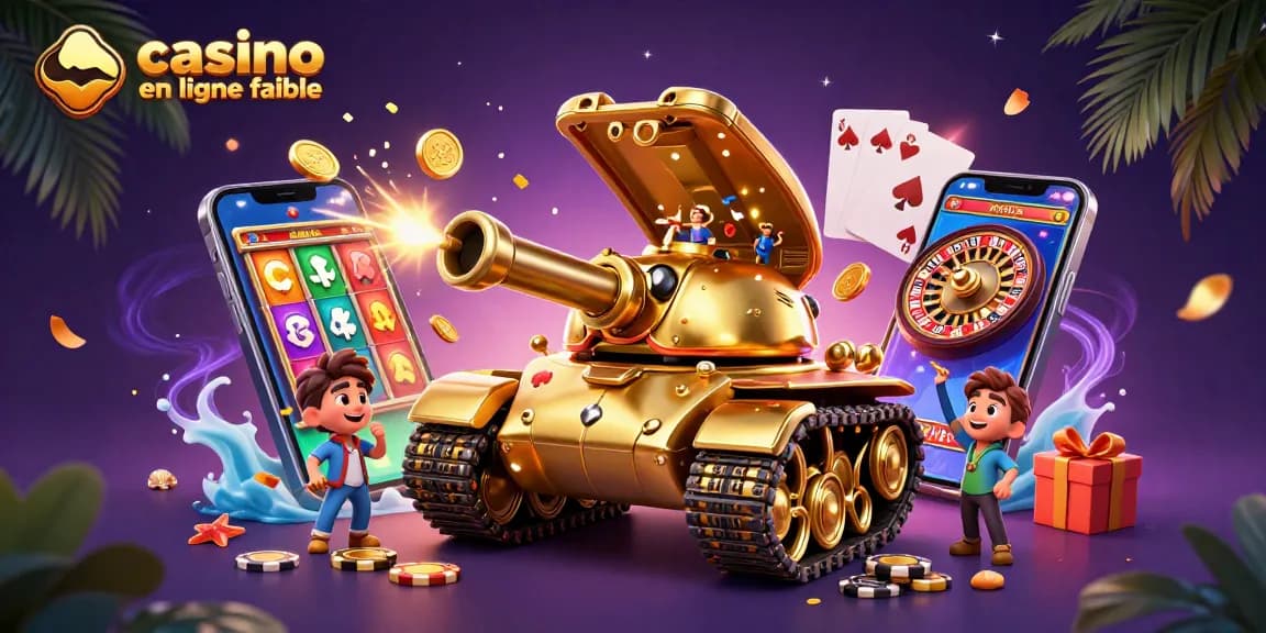 Découvrez le monde du casino en ligne fiable avec cette illustration 3D captivante, mettant en avant un tank-casino doré.