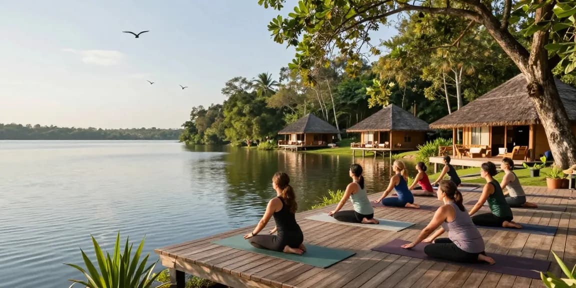 Yoga practice at retreat venue Sri Lanka with lush lakeside views and tranquil atmosphere.