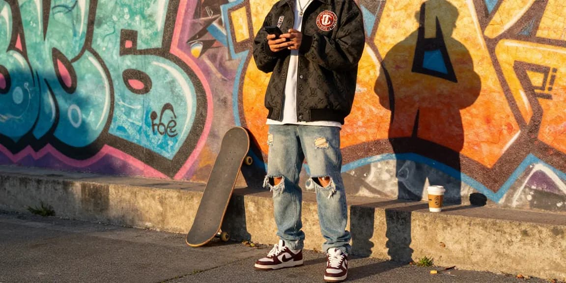 The stylish person wearing trendy high-end replica fashion items in an urban setting, showcasing the latest 명품 레플리카 trends.