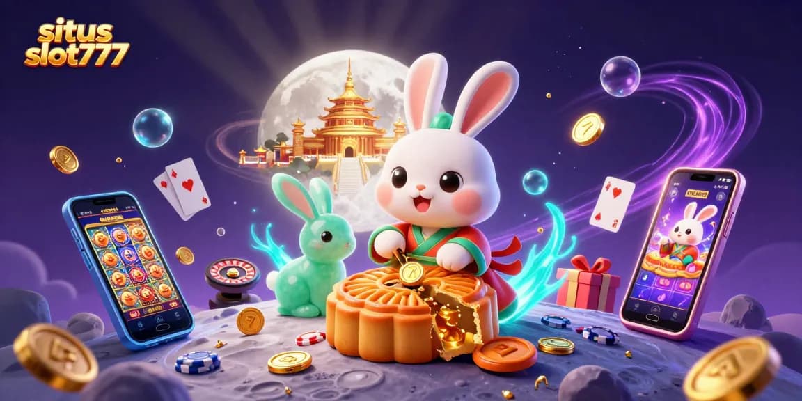 Engage with situs slot777 as a cartoon moon rabbit reveals jackpots while surrounded by slot games and golden coins.