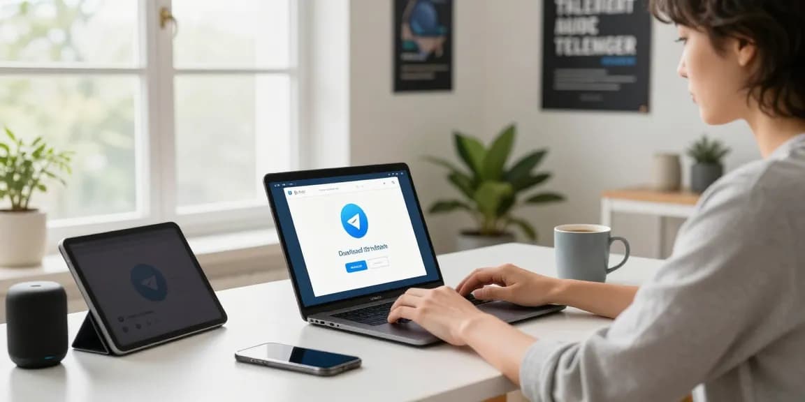 Person using laptop to download telegram中文版下载 in a modern home office