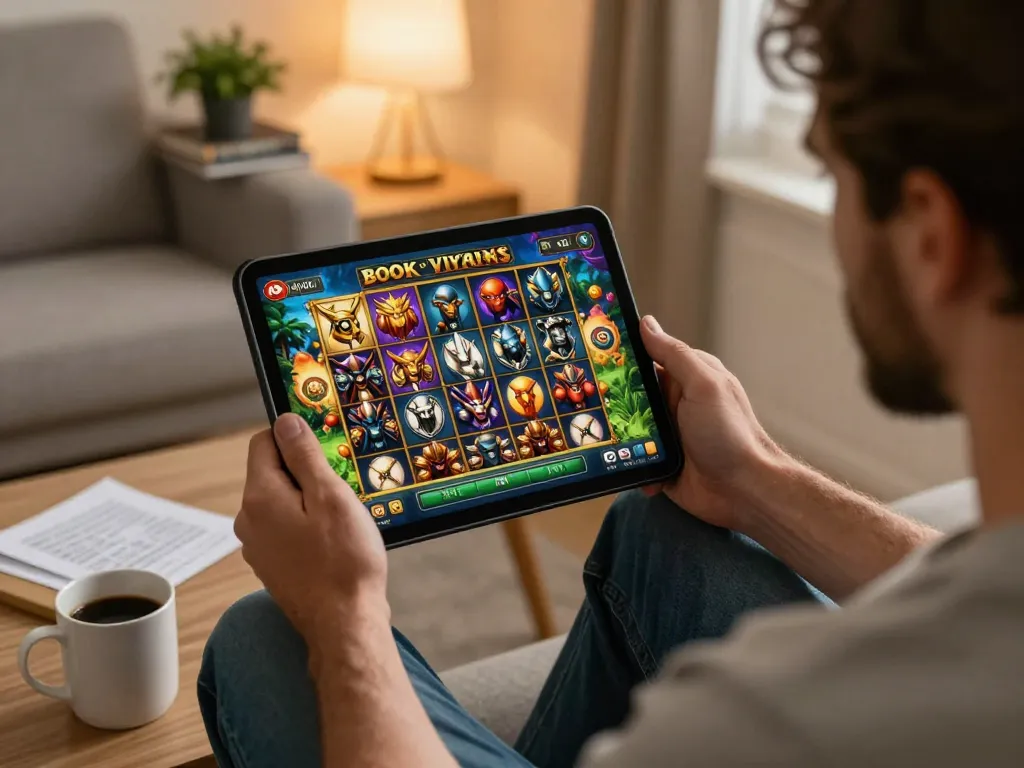 Engaging in slot online gaming on a cozy sofa, showcasing Book of Vikings interface and strategic notes.
