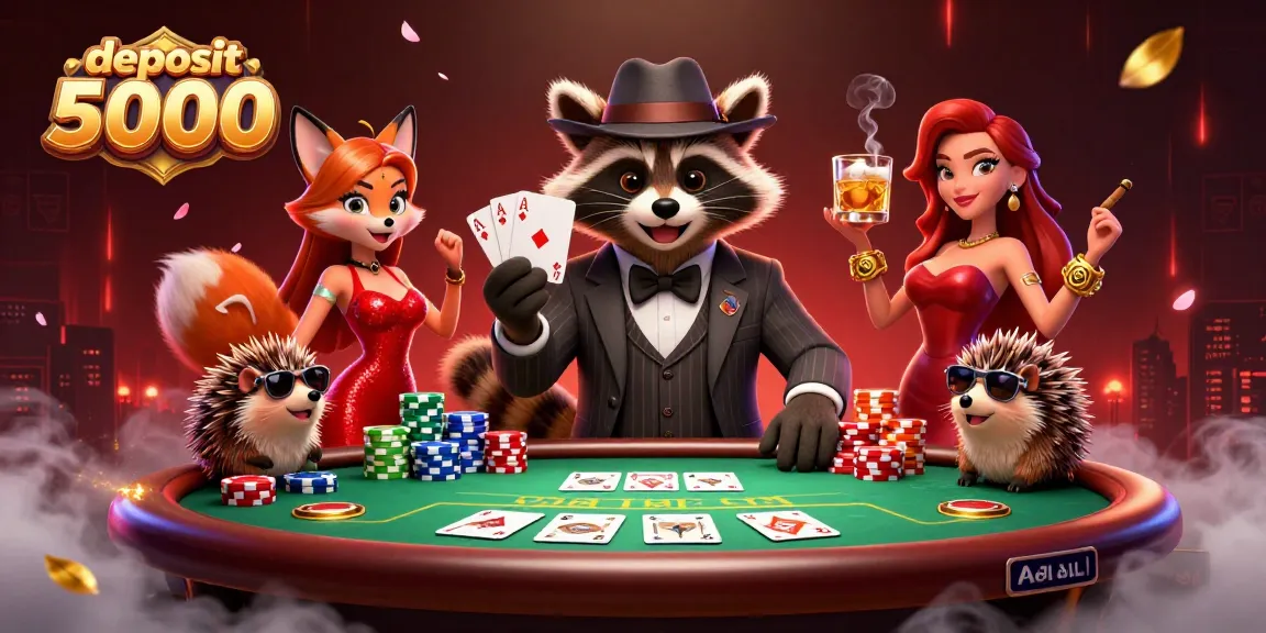 Experience thrilling gameplay with a suave raccoon and friends celebrating after a deposit 5000 in poker.