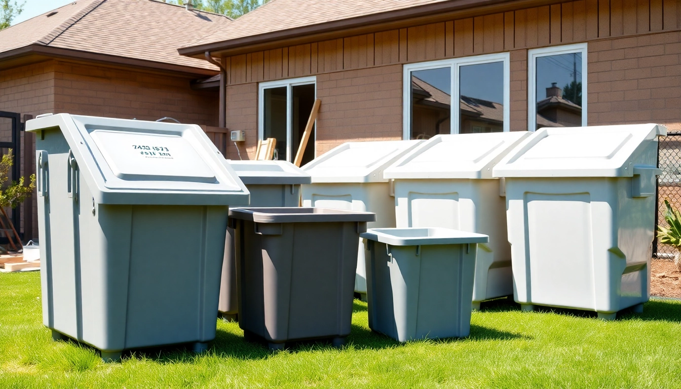 Rent high-quality garbage rental bins displayed at a construction site, highlighting their sizes and features.