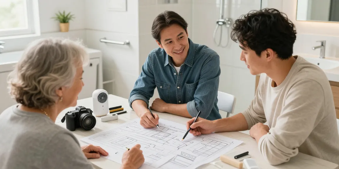 SafeHome bathroom renovation plan with designer discussing accessibility features