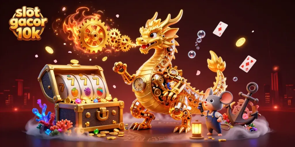 Bermain slot gacor depo 10k dengan simbol hadiah tinggi dan suasana menawan dalam ilustrasi 3D.
