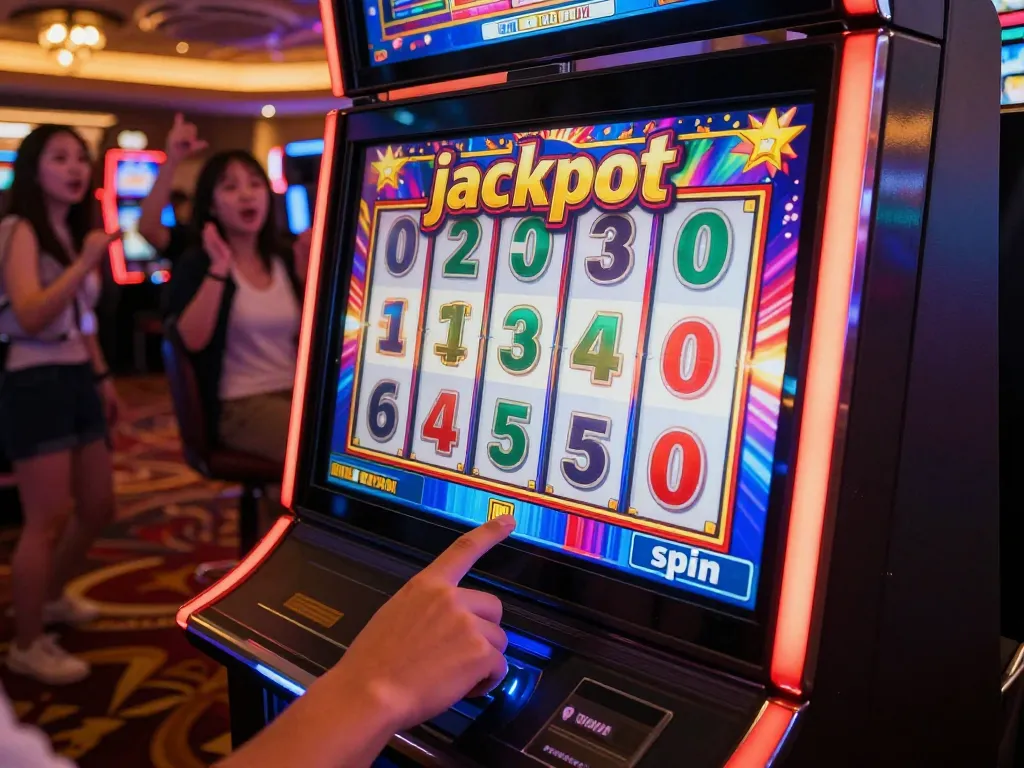 Player approaching a slot gacor machine with vibrant graphics celebrating a jackpot win