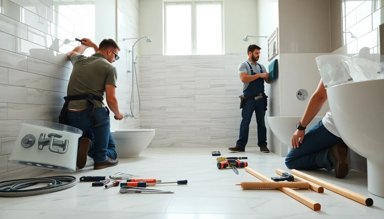 Bathroom remodeling contractors skillfully transforming a contemporary bathroom space.