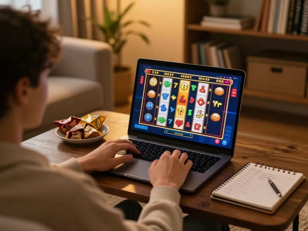 Engaging in online casinos in Canada reddit gameplay with colorful slots on a laptop.