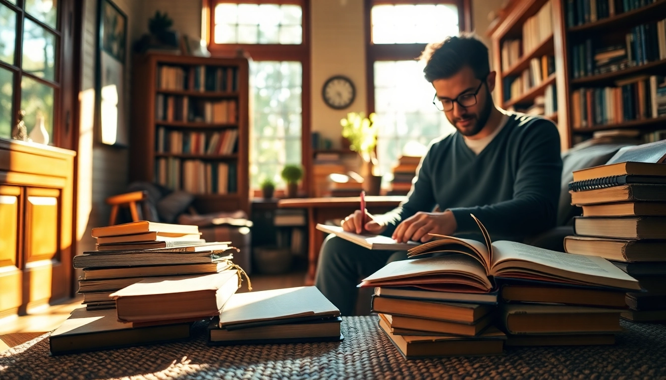 Author writing in a cozy study surrounded by books and sunlight.