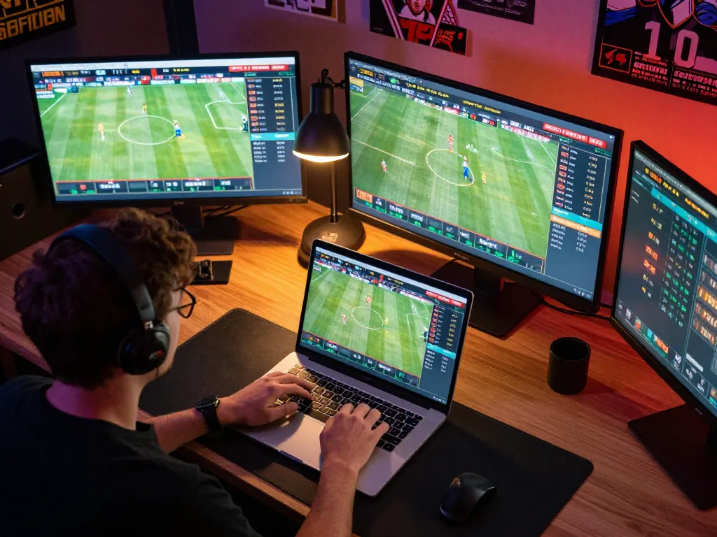 Engaged bettor using 92slot for live sports betting with multiple screens and odds displayed