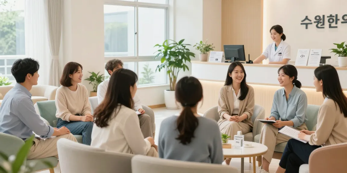 Engaging scene at 수원한의원 showcasing friendly interactions in a welcoming clinic.