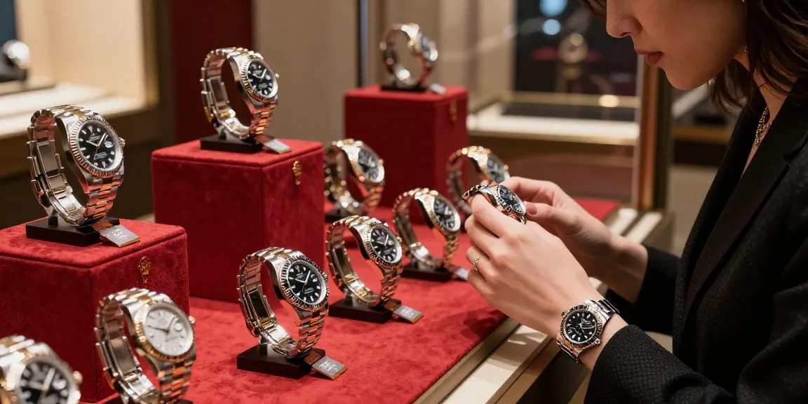Stylish customer admiring Rolex replica watches in luxury store