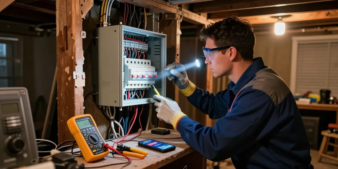 Emergency electrician fixing circuit breaker in dimly lit basement with tools and safety gear.