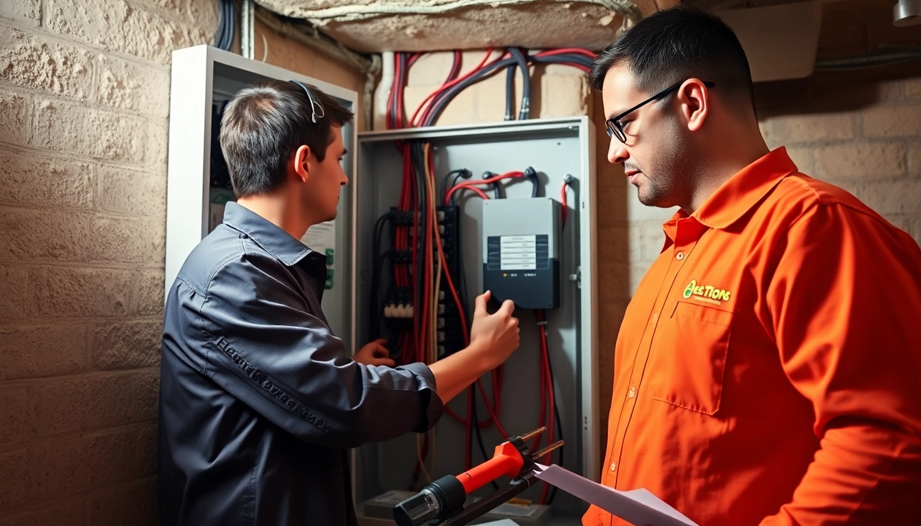 Performing electrical service maintenance on a home electrical panel with tools and safety gear.