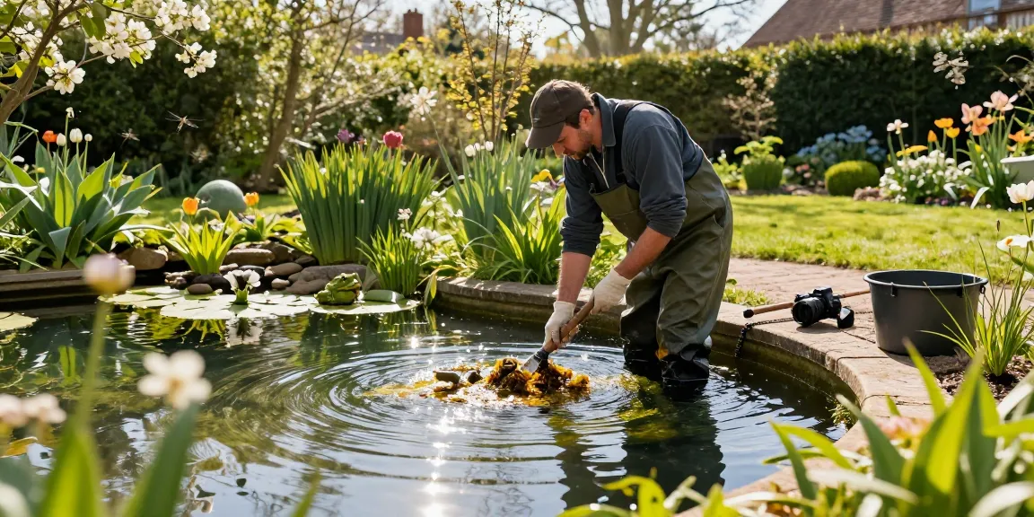 Professional Pond Cleaning Sussex services in action, technician cleaning a vibrant garden pond.